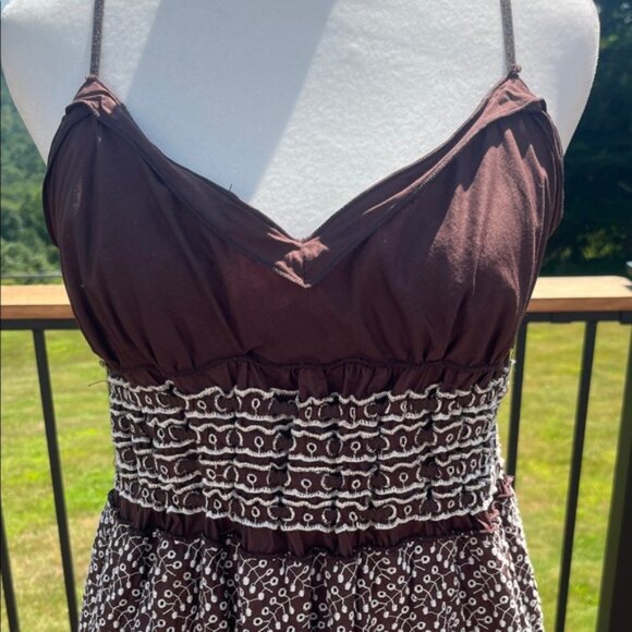 Max Studio Brown Embroidered babydoll midi dress M Boho Cottagecore Eyelet Hem - Picture 2 of 11